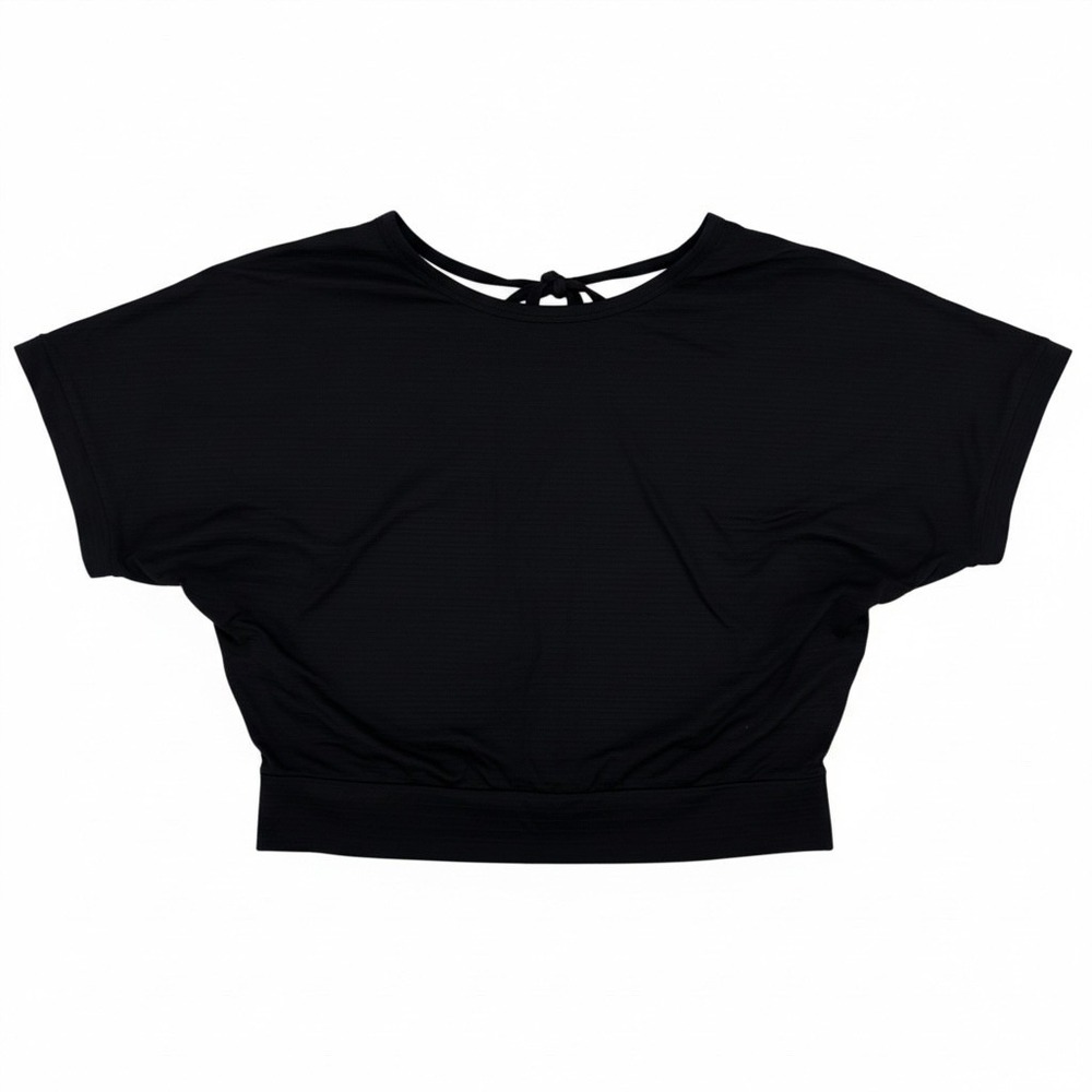 Halara Womens Black Ribbed Strappy Tie Back Short Sleeve Crop Top Size L NWT
